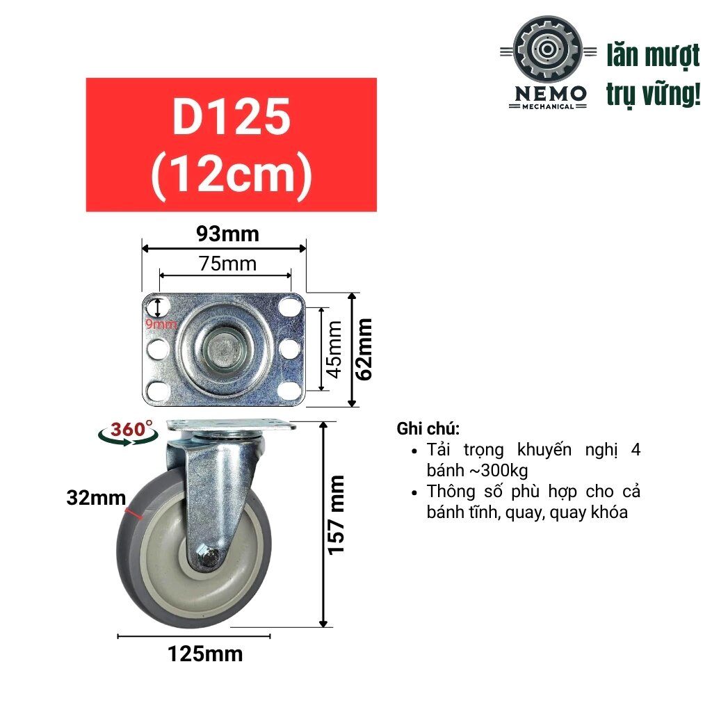Bánh xe cao su TPR, giảm ồn hiệu quả dùng cho thiết bị y tế, nội thất di động tải trọng 80-100kg